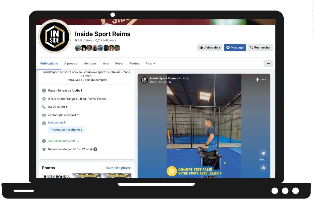 Inside Sport Reims Facebook page displayed on a laptop