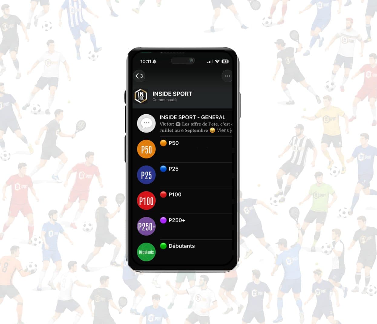 Screenshot of the Inside Sport WhatsApp community with the Beginners, P25, P50, P100 and P250+ groups