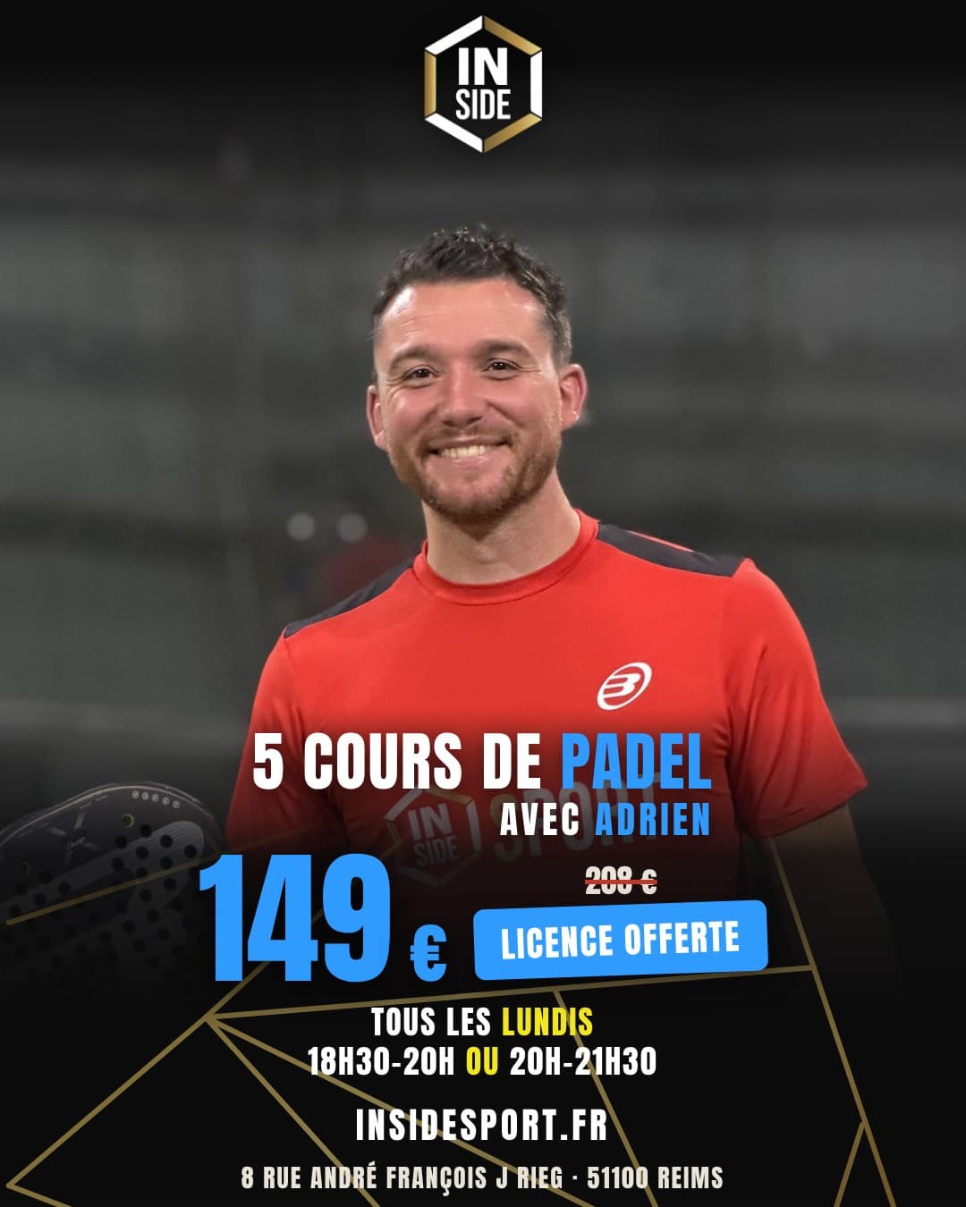 Offre 5 cours de padel avec Adrien à 149 € au lieu de 208 €, licence offerte