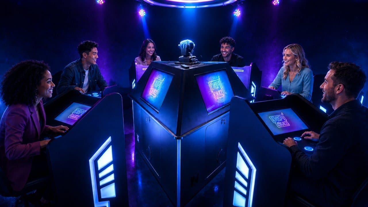 Players at their podiums on the Défi Quiz TV set