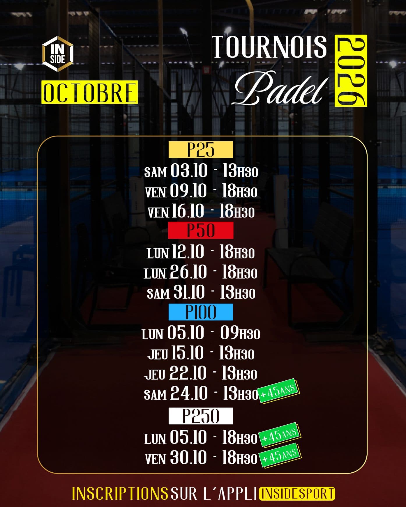 October 2026 padel tournament schedule at Inside Sport Reims